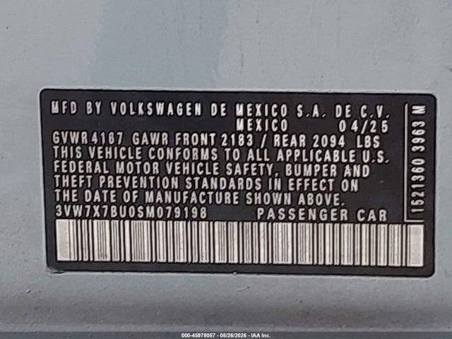 Продаж на аукціоні авто 2025 Volkswagen Jetta 1.5t Se, vin: 3VW7X7BU0SM079198, номер лоту: 45978057