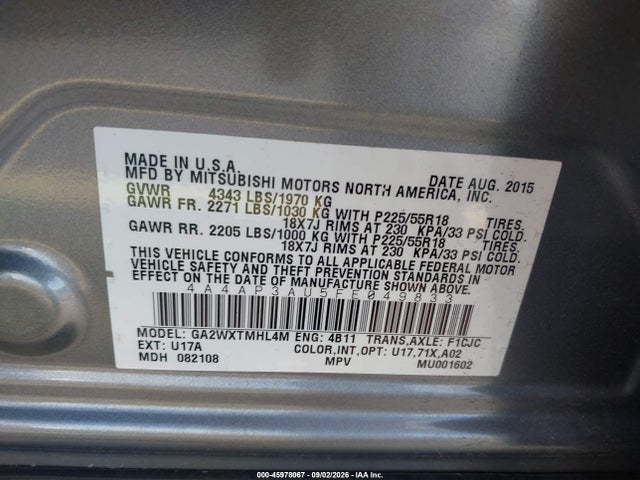 45978067 :رقم المزاد ، 4A4AP3AU5FE049833 vin ، 2015 Mitsubishi Outlander Sport Es مزاد بيع