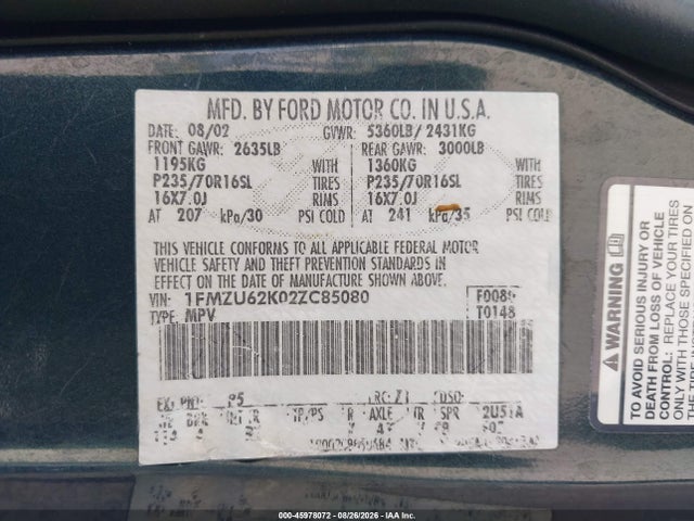 Продажа на аукционе авто 2002 Ford Explorer Xls, vin: 1FMZU62K02ZC85080, номер лота: 45978072