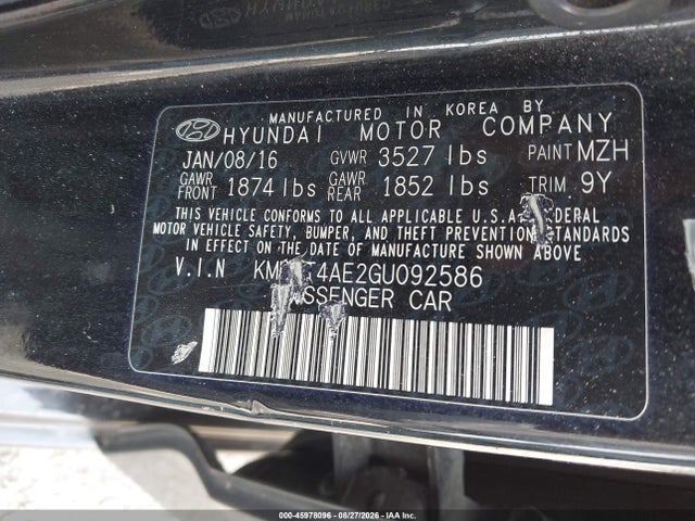 Aukcja sprzedaży 2016 Hyundai Accent Se, vin: KMHCT4AE2GU092586, numer aukcji: 45978096