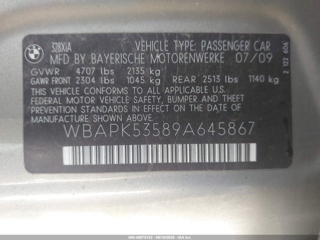 2009 Bmw 328i Xdrive მანქანა იყიდება აუქციონზე, vin: WBAPK53589A645867, აუქციონის ნომერი: 45978102
