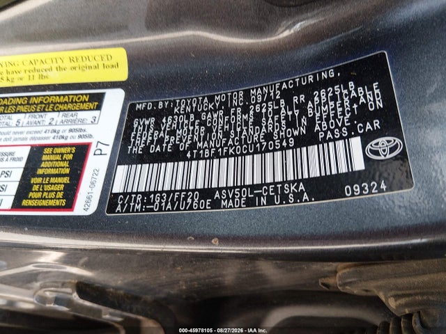 Продажа на аукционе авто 2012 Toyota Camry Se, vin: 4T1BF1FK0CU170549, номер лота: 45978105