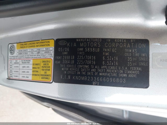 45978121 :رقم المزاد ، KNDMB233666096803 vin ، 2006 Kia Sedona Ex/lx مزاد بيع