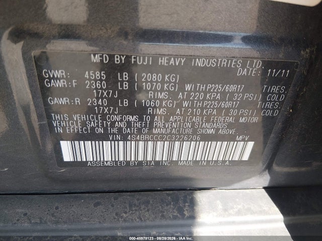 Продаж на аукціоні авто 2012 Subaru Outback 2.5i Premium, vin: 4S4BRCCC2C3226206, номер лоту: 45978123