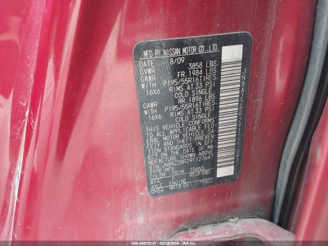 Aukcja sprzedaży 2009 Nissan Cube 1.8sl, vin: JN8AZ28R29T127647, numer aukcji: 45978137