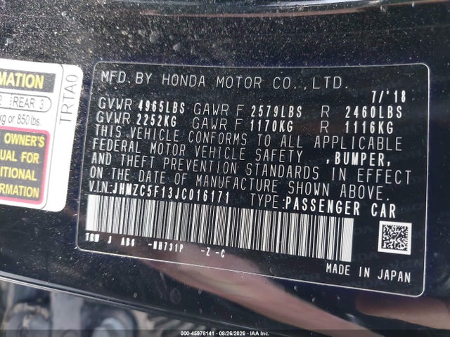 Aukcja sprzedaży 2018 Honda Clarity Plug-in Hybrid, vin: JHMZC5F13JC016171, numer aukcji: 45978141