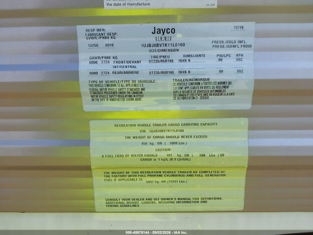 45978144 :رقم المزاد ، 1UJBJ0BV7K11L0160 vin ، 2019 Jayco Jayflight Bungalow Destination 40 Travel Trailer مزاد بيع