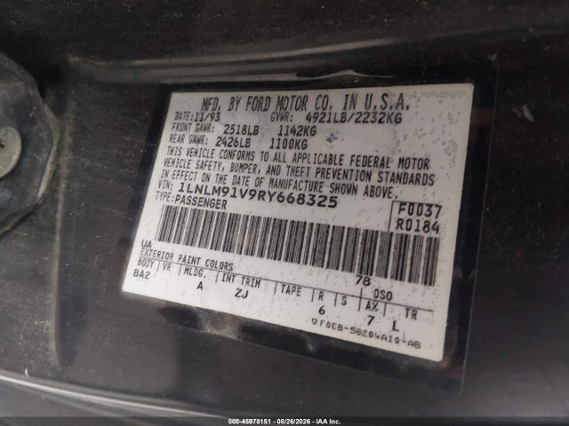 45978151 :رقم المزاد ، 1LNLM91V9RY668325 vin ، 1994 Lincoln Mark Viii مزاد بيع
