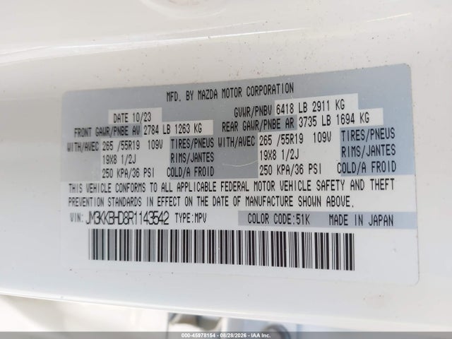 Aukcja sprzedaży 2024 Mazda Cx-90 3.3 Turbo Preferred, vin: JM3KKBHD8R1143542, numer aukcji: 45978154