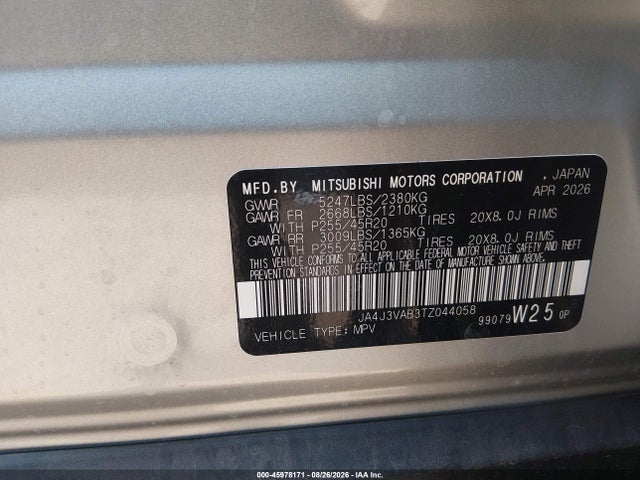 Aukcja sprzedaży 2026 Mitsubishi Outlander, vin: JA4J3VAB3TZ044058, numer aukcji: 45978171