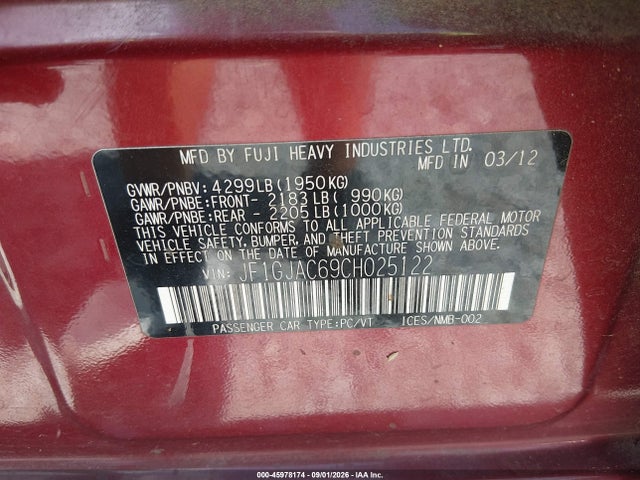 45978174 :رقم المزاد ، JF1GJAC69CH025122 vin ، 2012 Subaru Impreza 2.0i Premium مزاد بيع