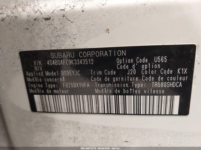 45978179 :رقم المزاد ، 4S4BSAFC9K3343512 vin ، 2019 Subaru Outback 2.5i Premium مزاد بيع