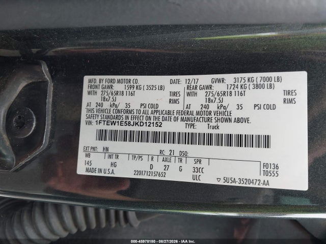 Продажа на аукционе авто 2018 Ford F-150 Lariat, vin: 1FTEW1E58JKD12152, номер лота: 45978180