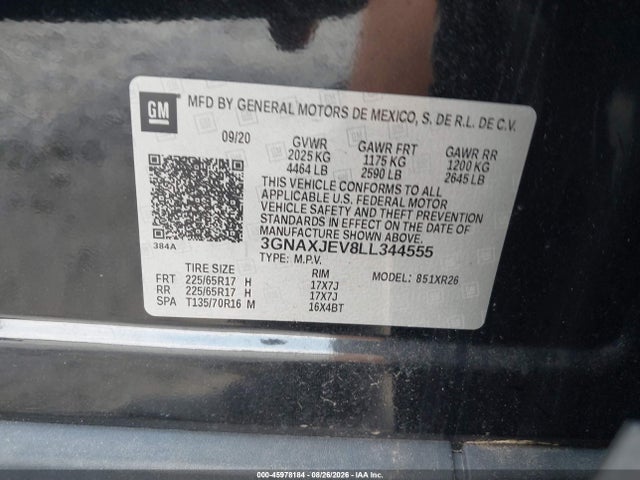 Продажа на аукционе авто 2020 Chevrolet Equinox Fwd 2fl, vin: 3GNAXJEV8LL344555, номер лота: 45978184