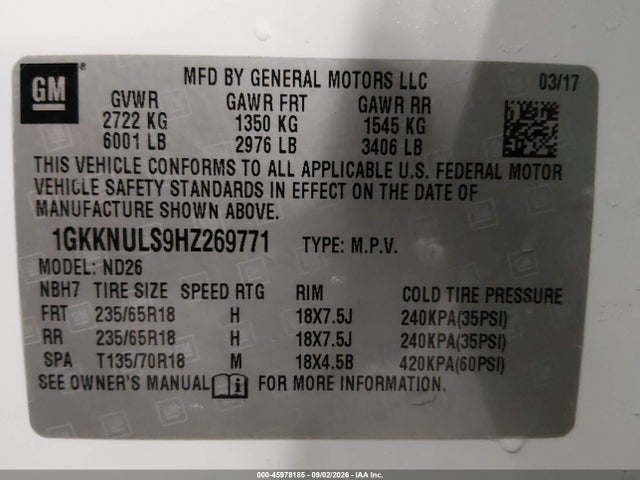Aukcja sprzedaży 2017 Gmc Acadia Slt-1, vin: 1GKKNULS9HZ269771, numer aukcji: 45978185
