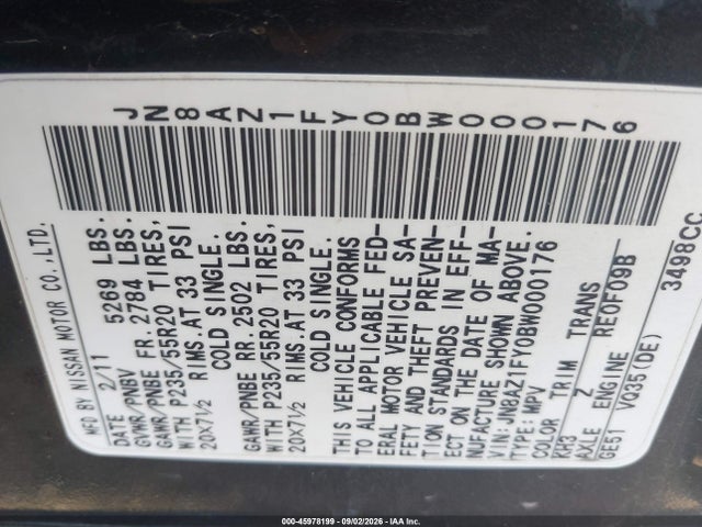 45978199 :رقم المزاد ، JN8AZ1FY0BW000176 vin ، 2011 Nissan Murano Crosscabriolet مزاد بيع