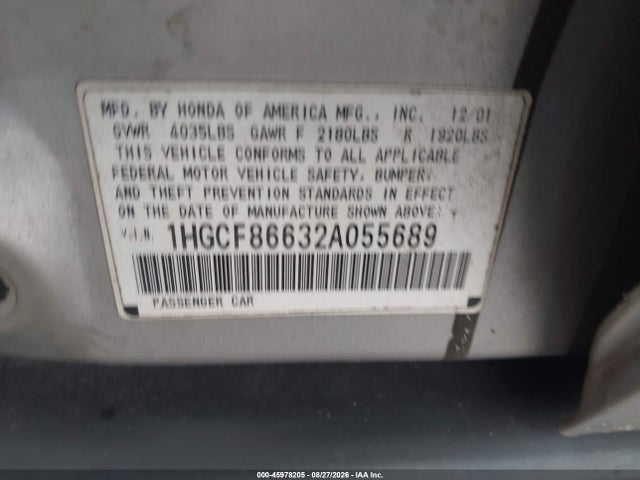 Aukcja sprzedaży 2002 Honda Accord 2.3 Vp, vin: 1HGCF86632A055689, numer aukcji: 45978205
