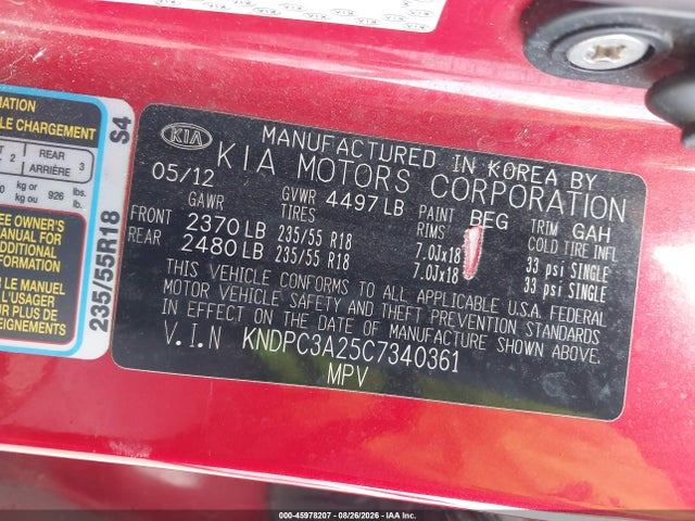 45978207 :رقم المزاد ، KNDPC3A25C7340361 vin ، 2012 Kia Sportage Ex مزاد بيع