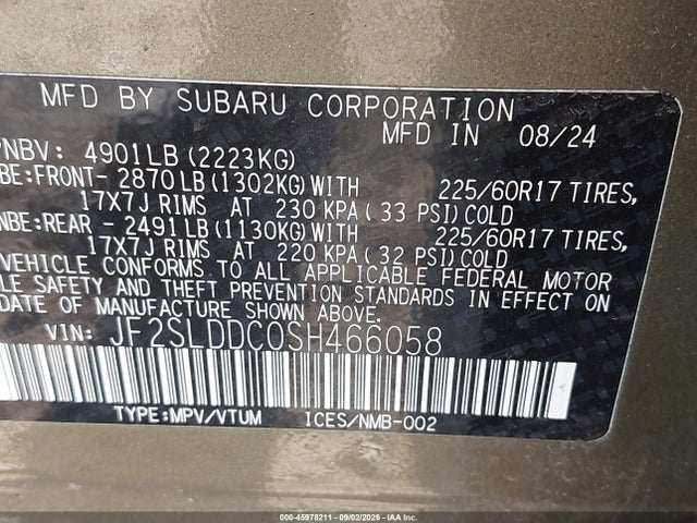 45978211 :رقم المزاد ، JF2SLDDC0SH466058 vin ، 2025 Subaru Forester Premium مزاد بيع