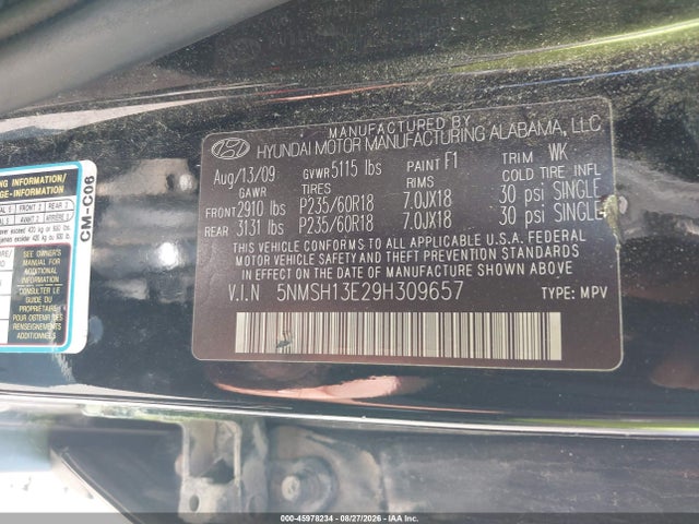 Продаж на аукціоні авто 2009 Hyundai Santa Fe Limited, vin: 5NMSH13E29H309657, номер лоту: 45978234