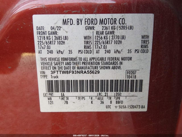 Auction sale of the 2022 Ford Maverick Xlt, vin: 3FTTW8F93NRA55629, lot number: 45978237