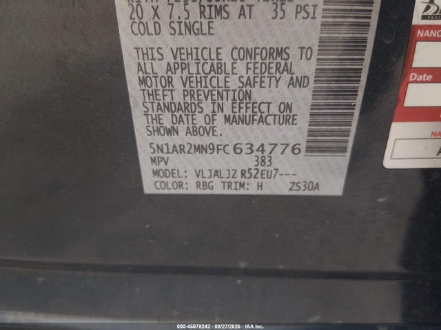 Продажа на аукционе авто 2015 Nissan Pathfinder Platinum, vin: 5N1AR2MN9FC634776, номер лота: 45978242