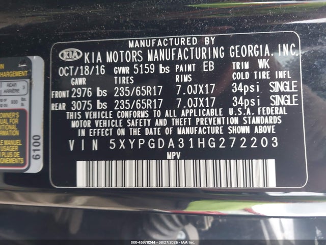 45978244 :رقم المزاد ، 5XYPGDA31HG272203 vin ، 2017 Kia Sorento 2.4l Lx مزاد بيع