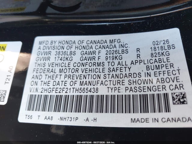 2026 Honda Civic Lx მანქანა იყიდება აუქციონზე, vin: 2HGFE2F21TH565438, აუქციონის ნომერი: 45978246