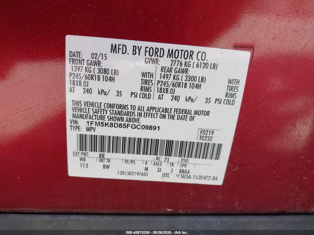 Auction sale of the 2015 Ford Explorer Xlt, vin: 1FM5K8D85FGC09891, lot number: 45978259