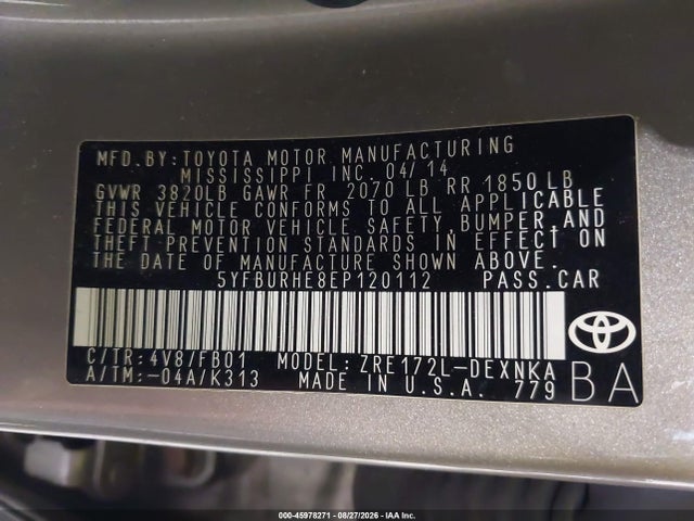 Aukcja sprzedaży 2014 Toyota Corolla Le Plus, vin: 5YFBURHE8EP120112, numer aukcji: 45978271