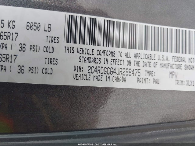 2018 Dodge Grand Caravan Sxt მანქანა იყიდება აუქციონზე, vin: 2C4RDGCG4JR298475, აუქციონის ნომერი: 45978282