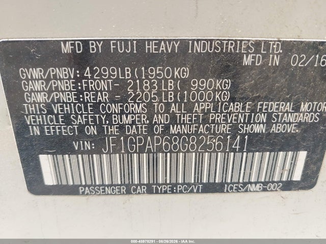 45978291 :رقم المزاد ، JF1GPAP68G8256141 vin ، 2016 Subaru Impreza 2.0i Sport Premium مزاد بيع