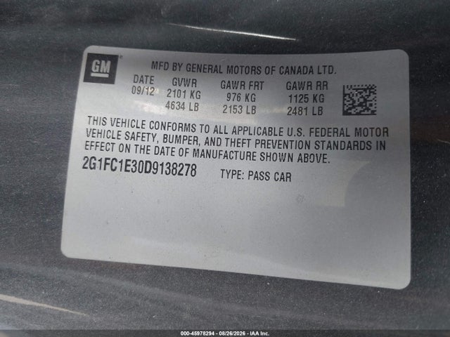 45978294 :رقم المزاد ، 2G1FC1E30D9138278 vin ، 2013 Chevrolet Camaro 2lt مزاد بيع