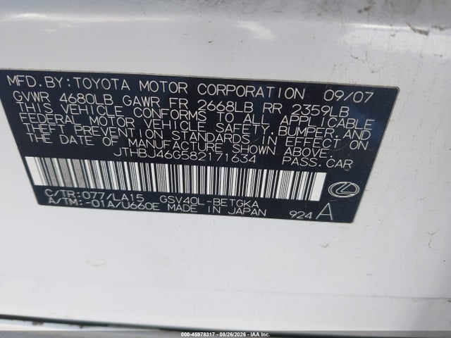 45978317 :رقم المزاد ، JTHBJ46G582171634 vin ، 2008 Lexus Es 350 مزاد بيع