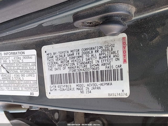 Aukcja sprzedaży 2002 Toyota Camry Le, vin: JTDBE32K420079685, numer aukcji: 45978326