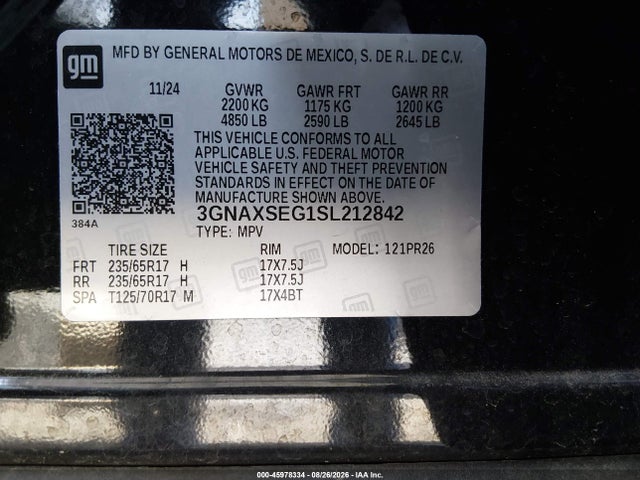 45978334 :رقم المزاد ، 3GNAXSEG1SL212842 vin ، 2025 Chevrolet Equinox Awd Activ مزاد بيع