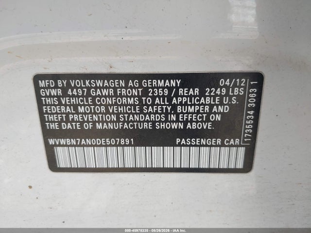 45978335 :رقم المزاد ، WVWBN7AN0DE507891 vin ، 2013 Volkswagen Cc 2.0t Sport مزاد بيع