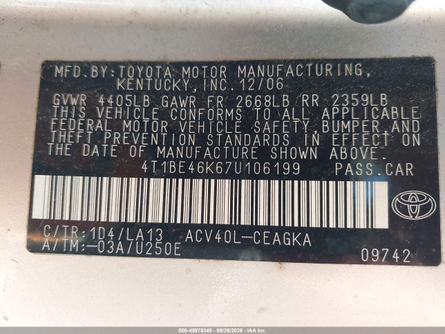 45978348 :رقم المزاد ، 4T1BE46K67U106199 vin ، 2007 Toyota Camry Xle مزاد بيع