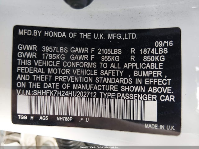 45978365 :رقم المزاد ، SHHFK7H24HU202712 vin ، 2017 Honda Civic Lx مزاد بيع