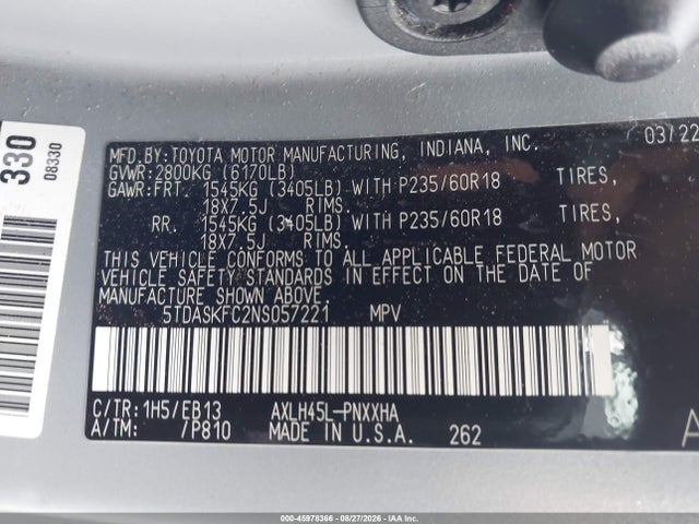 Aukcja sprzedaży 2022 Toyota Sienna Xle Woodland Edition, vin: 5TDASKFC2NS057221, numer aukcji: 45978366