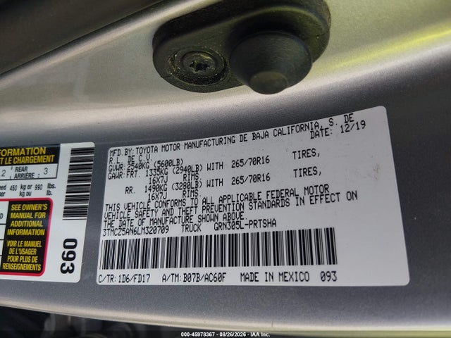45978367 :رقم المزاد ، 3TMCZ5AN6LM320709 vin ، 2020 Toyota Tacoma Trd Off-road مزاد بيع