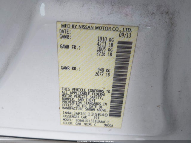 45978372 :رقم المزاد ، 1N4AL3AP1EC135640 vin ، 2014 Nissan Altima 2.5 Sv مزاد بيع