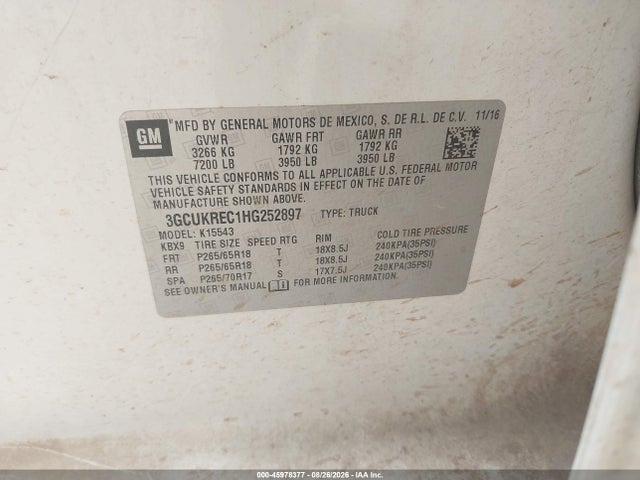 Aukcja sprzedaży 2017 Chevrolet Silverado 1500 Lt, vin: 3GCUKREC1HG252897, numer aukcji: 45978377