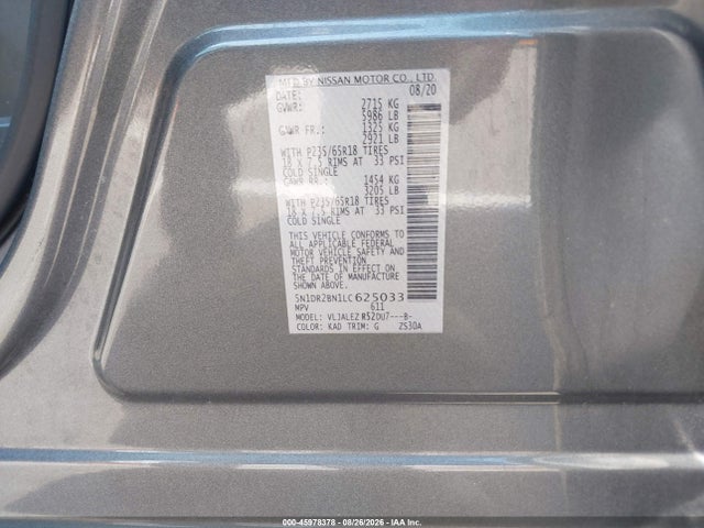 45978378 :رقم المزاد ، 5N1DR2BN1LC625033 vin ، 2020 Nissan Pathfinder Sv 2wd مزاد بيع