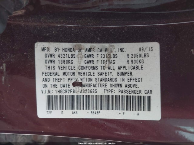 Продажа на аукционе авто 2016 Honda Accord Ex-l, vin: 1HGCR2F80GA020685, номер лота: 45978390