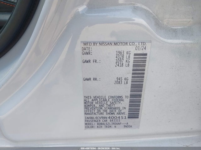 Продаж на аукціоні авто 2024 Nissan Altima Sr Fwd, vin: 1N4BL4CV9RN400451, номер лоту: 45978394