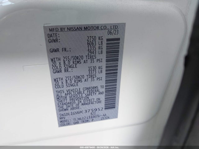 45978400 :رقم المزاد ، 5N1DL1GS6PC375952 vin ، 2023 Infiniti Qx60 Sensory Awd مزاد بيع