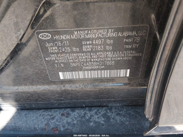 45978402 :رقم المزاد ، 5NPEC4AB5BH317668 vin ، 2011 Hyundai Sonata Se 2.0t مزاد بيع