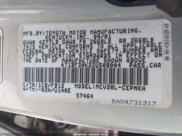 45978422 :رقم المزاد ، 4T1BF30K22U508004 vin ، 2002 Toyota Camry Le V6 مزاد بيع