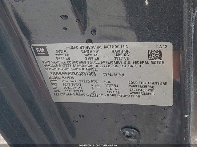 Продажа на аукционе авто 2012 Chevrolet Traverse Ls, vin: 1GNKRFED3CJ381006, номер лота: 45978423